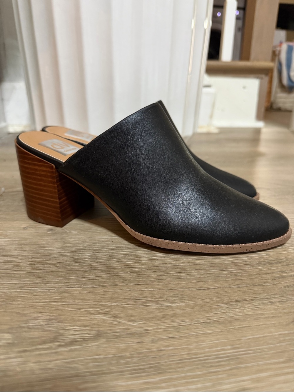 Dolce Vita Black Leather Block Heel Mule with Wood-Tone Heel
